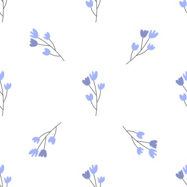 Çiçekli, dikişsiz vektör deseni. Bahar bitkisi. Basit bir el çizimi çocuk tarzı. Kumaş, tekstil ve duvar kâğıdı için oldukça kalitesiz. Beyaz arkaplanda dijital kağıt