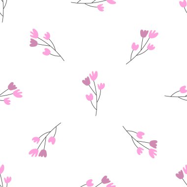 Çiçekli, dikişsiz vektör deseni. Bahar bitkisi. Basit bir el çizimi çocuk tarzı. Kumaş, tekstil ve duvar kâğıdı için oldukça kalitesiz. Beyaz arkaplanda dijital kağıt