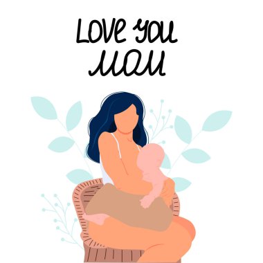 Anne bir bebeği besliyor. Emzirme illüstrasyonu, Anneler Günü mektupları. Kart için mükemmel, düz, hediyeler, poster, afiş, doğum günü kartları.