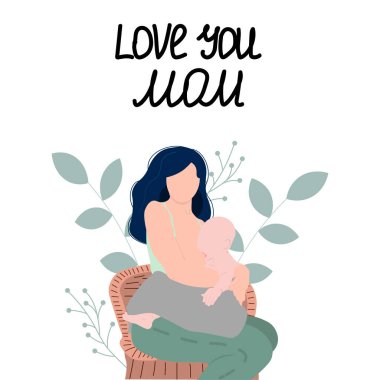 Anne bir bebeği besliyor. Emzirme illüstrasyonu, Anneler Günü mektupları. Kart için mükemmel, düz, hediyeler, poster, afiş, doğum günü kartları.