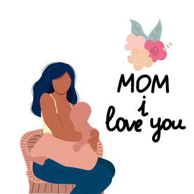 Anne bir bebeği besliyor. Emzirme illüstrasyonu, Anneler Günü mektupları. Kart için mükemmel, düz, hediyeler, poster, afiş, doğum günü kartları.