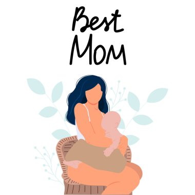Anne bir bebeği besliyor. Emzirme illüstrasyonu, Anneler Günü mektupları. Kart için mükemmel, düz, hediyeler, poster, afiş, doğum günü kartları.