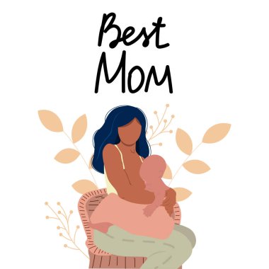 Anne bir bebeği besliyor. Emzirme illüstrasyonu, Anneler Günü mektupları. Kart için mükemmel, düz, hediyeler, poster, afiş, doğum günü kartları.