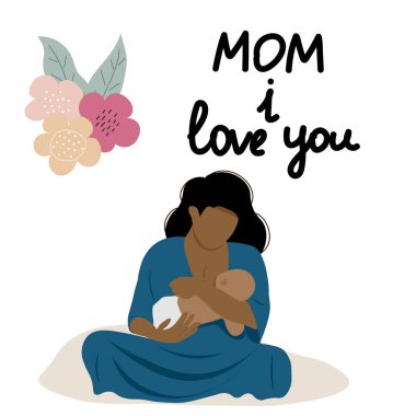 Anne bir bebeği besliyor. Emzirme illüstrasyonu, Anneler Günü mektupları. Kart için mükemmel, düz, hediyeler, poster, afiş, doğum günü kartları.