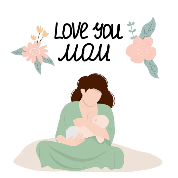 Mama Hrăneşte Copil Ilustrație Alăptare Litere Happy Mother Day Perfect — Vector de stoc