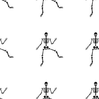 Çeşitli pozlarda siyah iskeletler. Cadılar Bayramı tasarımı. Sonbahar, tatil, kumaş ve tekstil için mükemmel. Kusursuz tekrarlama kumaşı.