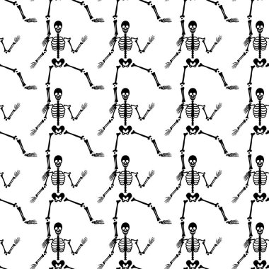 Çeşitli pozlarda siyah iskeletler. Cadılar Bayramı tasarımı. Sonbahar, tatil, kumaş ve tekstil için mükemmel. Kusursuz tekrarlama kumaşı.