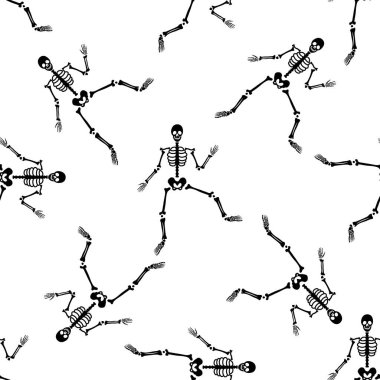 Çeşitli pozlarda siyah iskeletler. Cadılar Bayramı tasarımı. Sonbahar, tatil, kumaş ve tekstil için mükemmel. Kusursuz tekrarlama kumaşı.