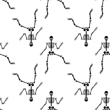 Çeşitli pozlarda siyah iskeletler. Cadılar Bayramı tasarımı. Sonbahar, tatil, kumaş ve tekstil için mükemmel. Kusursuz tekrarlama kumaşı.