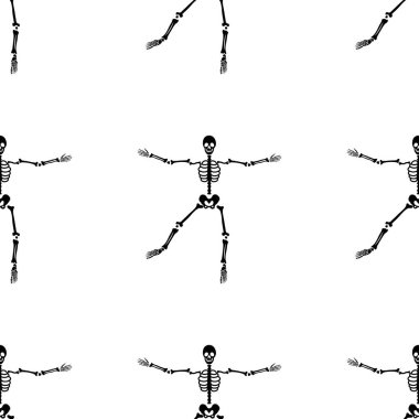 Çeşitli pozlarda siyah iskeletler. Cadılar Bayramı tasarımı. Sonbahar, tatil, kumaş ve tekstil için mükemmel. Kusursuz tekrarlama kumaşı.