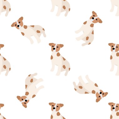 Sevimli köpekler Jack Russell Terrier. Bel hayvanları. Vektör el kusursuz desen çizdi. Bebek için mükemmel, çocuk kıyafetleri, parmak izi tasarımı, tekstil. Beyaz arkaplan.
