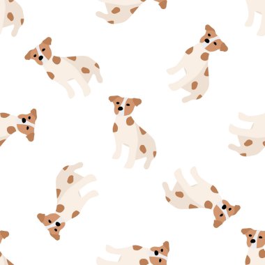Sevimli köpekler Jack Russell Terrier. Bel hayvanları. Vektör el kusursuz desen çizdi. Bebek için mükemmel, çocuk kıyafetleri, parmak izi tasarımı, tekstil. Beyaz arkaplan.