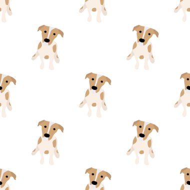 Sevimli köpekler Jack Russell Terrier. Bel hayvanları. Vektör el kusursuz desen çizdi. Bebek için mükemmel, çocuk kıyafetleri, parmak izi tasarımı, tekstil. Beyaz arkaplan.