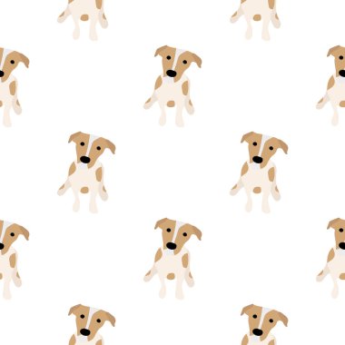 Sevimli köpekler Jack Russell Terrier. Bel hayvanları. Vektör el kusursuz desen çizdi. Bebek için mükemmel, çocuk kıyafetleri, parmak izi tasarımı, tekstil. Beyaz arkaplan.