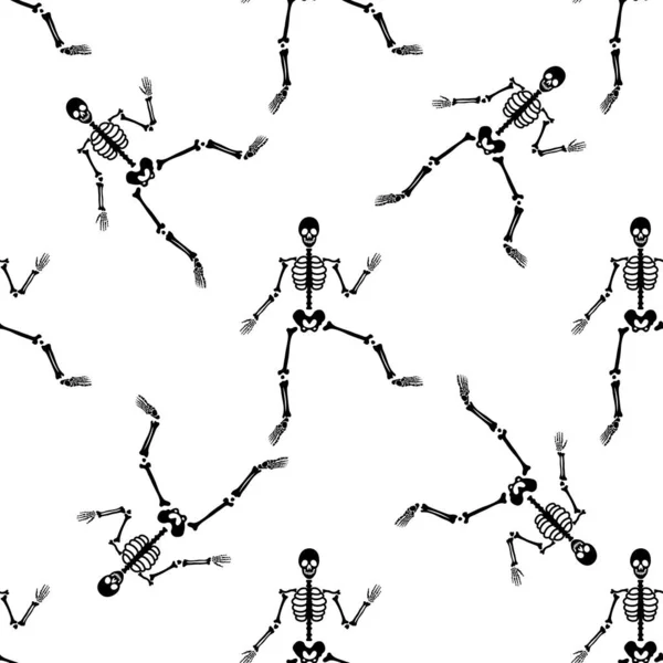 Çeşitli pozlarda siyah iskeletler. Cadılar Bayramı tasarımı. Sonbahar, tatil, kumaş ve tekstil için mükemmel. Kusursuz tekrarlama kumaşı.