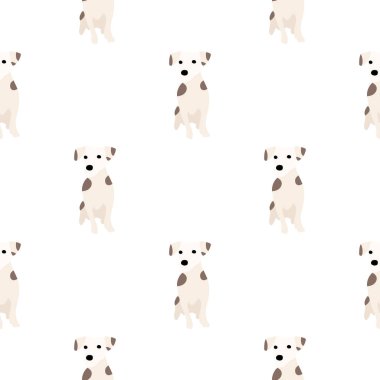 Sevimli köpekler Jack Russell Terrier. Bel hayvanları. Vektör el kusursuz desen çizdi. Bebek için mükemmel, çocuk kıyafetleri, parmak izi tasarımı, tekstil. Beyaz arkaplan.