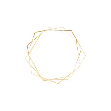 Geometrik Altın Çerçeve. Metalik çokyüzlü, düğün davetiyeleri için sanat deco tarzı, Davet Şablonu için Çokgen Vintage Çerçeveleri.