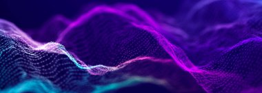 Karanlık arka planda gelecekteki noktalar. Renkli müzik dalgası. Büyük veri dijital kodu. Teknoloji mi yoksa Bilim Sancağı mı? 3B görüntüleme