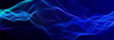 Karanlık arka planda gelecekteki noktalar. Renkli müzik dalgası. Büyük veri dijital kodu. Teknoloji mi yoksa Bilim Sancağı mı? 3B görüntüleme