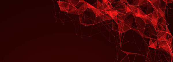 Connection of dots and lines structure on dark background. Red abstract polygonal space. 3d rendering