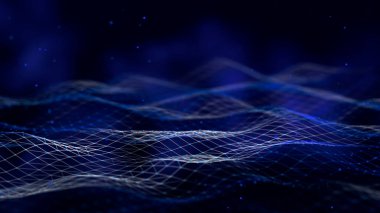 Dijital teknoloji geçmişi. Büyük Data görselleştirme. Parlayan parçacıkların dinamik dalgası. Soyut arkaplan. 3d oluşturma.