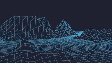 Soyut dijital manzara. Kablo çerçeveli peyzaj. 3d fütüristik vektör çizimi. EPS 10