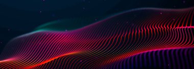 Karanlık arka planda gelecekteki noktalar. Renkli müzik dalgası. Büyük veri dijital kodu. Teknoloji mi yoksa Bilim Sancağı mı? 3B görüntüleme