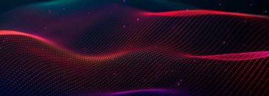 Karanlık arka planda gelecekteki noktalar. Renkli müzik dalgası. Büyük veri dijital kodu. Teknoloji mi yoksa Bilim Sancağı mı? 3B görüntüleme