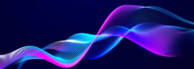 Karanlık arka planda gelecekteki noktalar. Renkli müzik dalgası. Büyük veri dijital kodu. Teknoloji mi yoksa Bilim Sancağı mı? 3B görüntüleme