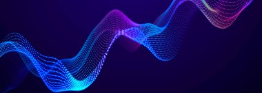 Karanlık arka planda gelecekteki noktalar. Renkli müzik dalgası. Büyük veri dijital kodu. Teknoloji mi yoksa Bilim Sancağı mı? 3B görüntüleme