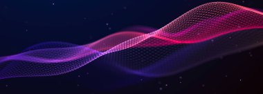 Karanlık arka planda gelecekteki noktalar. Renkli müzik dalgası. Büyük veri dijital kodu. Teknoloji mi yoksa Bilim Sancağı mı? 3B görüntüleme