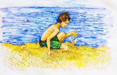 Deniz kenarında kumla oynayan mutlu çocuğun suluboya çizimi, vacatio.