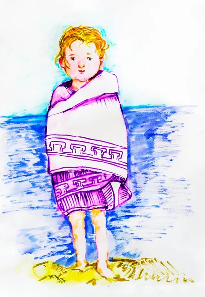 Watercolor Illustration Happy Little Girl Standing Towel Beach Sea Swimming — Stock Photo, Image