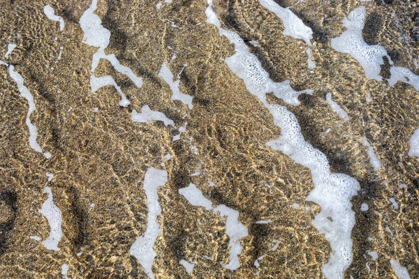 Verschwommener Meereshintergrund Brandung Mit Schaum Sandstrand Draufsicht Horizontal — Stockfoto