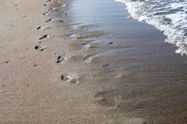Kumlu sahilde köpüklü bulanık deniz arka planı sörfü. Ayak izleri, üst manzara, yatay.