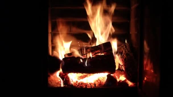Flaming Fire Fireplace Log Open Door Festive Mood — 图库视频影像