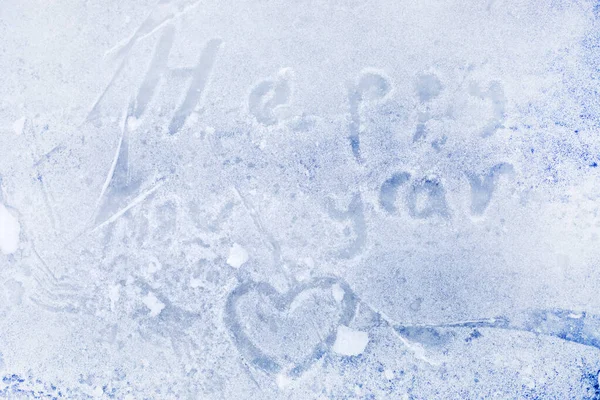 Texto Feliz Ano Novo Escrito Gelo Para Patinar Dia Inverno — Fotografia de Stock