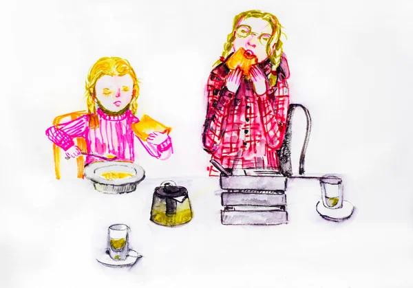 Happy Dívky Občerstvení Kavárně Během Pandemie Školní Snídaně Akvarel Sketc — Stock fotografie