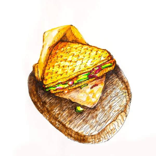 Smakelijke Sandwich Met Groenten Vis Vlees Aquarel Illustratie Geïsoleerd Witte — Stockfoto