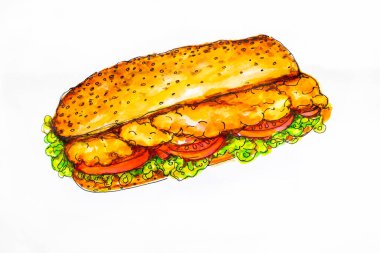 Kızarmış balıklı Po-boy burger, New Orleans, ABD mutfağı, beyaz arka planda suluboya çizimi, çizim