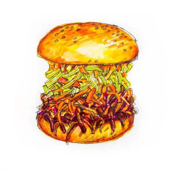 Bbq Vepřový Sendvič Salátem Cole Slo Jižní Americká Kuchyně Akvarel — Stock fotografie