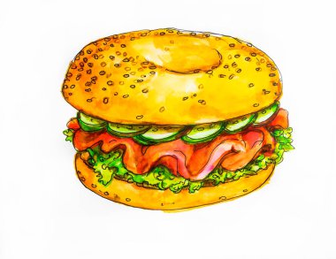 Somon ve krem peynirli simit, salatalık ve marul, Amerikan mutfağı, beyaz arka planda izole edilmiş suluboya çizimi,