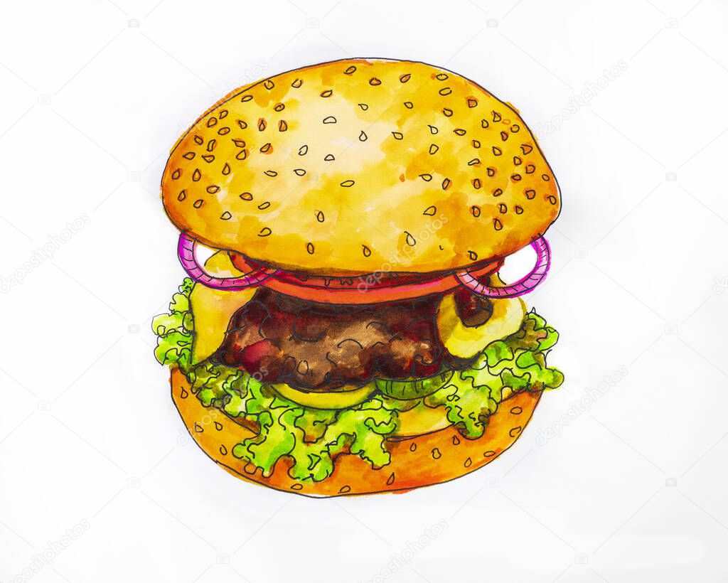 american burger sandwich with meat, cheese, onion slices, tomato lettuce and tomato sauces, hand drawn watercolor sketch