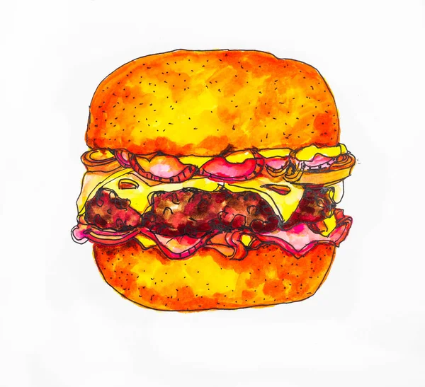 美国三明治汉堡包加牛肉馅饼 熏肉和酱油水彩画 — 图库照片