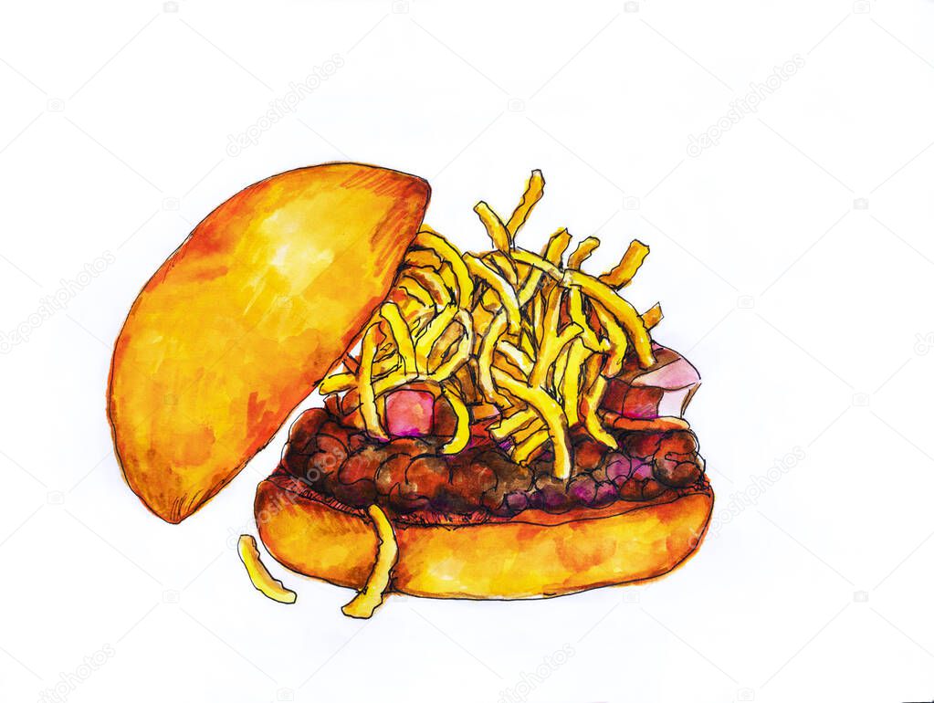 delicious Umami Burger with beef, shiitake, sweet and sour sauce, cheese and fried tomatoes. watercolor illustration, sketch