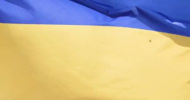 Özgür şehirde Ukrayna bayrağı rüzgarda dalgalanıyor. Ukrayna 'da Savaş