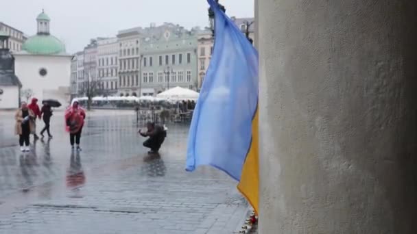 Vlag Van Ukraine Ontwikkelt Zich Een Europese Stad Bij Regenachtig — Stockvideo