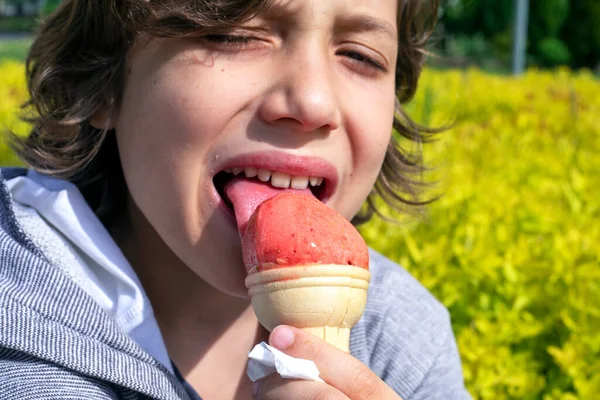 Schastlivyy ulybayushchiy mal 'chik lizhit yazykom klubnichnoye natural' noye morozhennoye na progulke v solnechnyy den 'v profil' s mestom dlya teksta schastlivyy mal 'chik s zakrytymi glazami naslazhdaysvkusom klubnichnoye natural' noye morozhenno