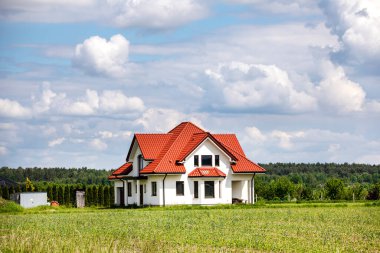 Güneşli bir yaz gününde kırmızı kiremitleri olan yalnız bir evi olan güzel bir kırsal bölge.