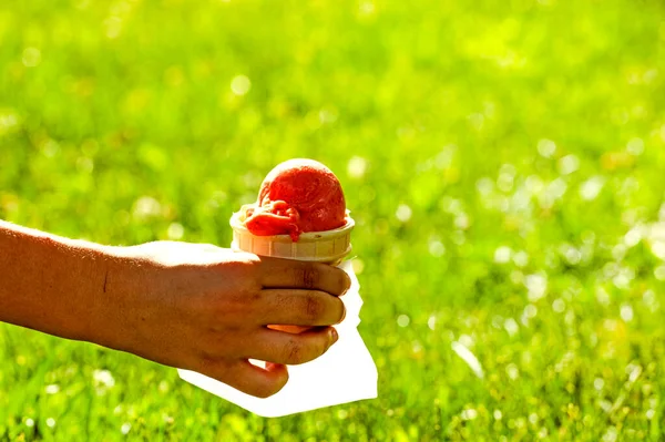 Tangan Anak Memegang Krim Merah Muda Dalam Cangkir Wafel Serbet — Stok Foto